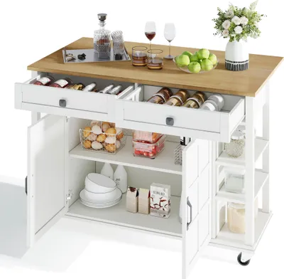 Image de Fortuna Lai Chariot de cuisine multifonctionnel avec plan de travail rabattable, extensible 120 × 65 cm, 2 tiroirs, rangement spacieux, sur roulettes – Chariot de service élégant pour la cuisine, la salle à manger et le salon
