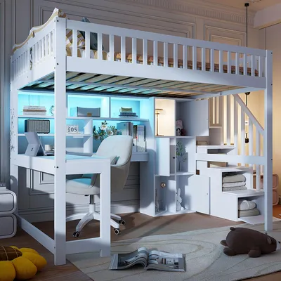 A white loft bed with an integrated desk and shelving unit, illuminated by blue LED lights.