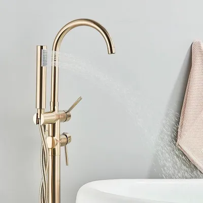Produktbild von Badewanne Standarmatur - Freistehende Bodenmontage Wannenarmatur mit Handbrause - Zweigriffmischer Warm/Kalt - Messing - Gold