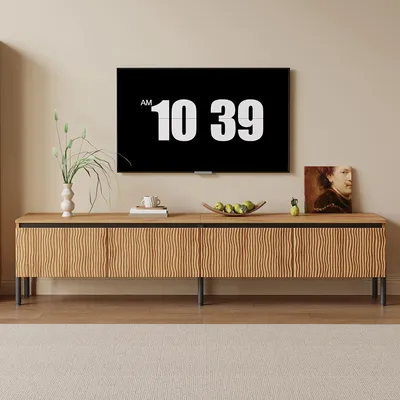 Immagine prodotto di Mobile TV Merax con 4 ante a forma di onda e sistema di gestione dei cavi, mobile TV con spazio di archiviazione chiuso e gambe in metallo, realizzato in pannello di particelle e MDF, finitura naturale