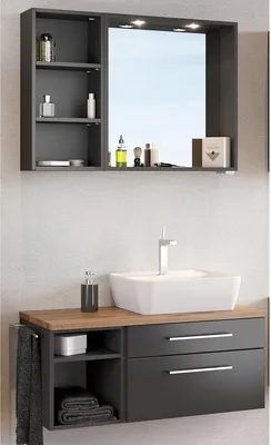 Produktbild von Unterbecken-Set Waschplatz Badmöbel Gästebad Handwaschplatz Badset "Davos III" Graphit/Grau-Matt