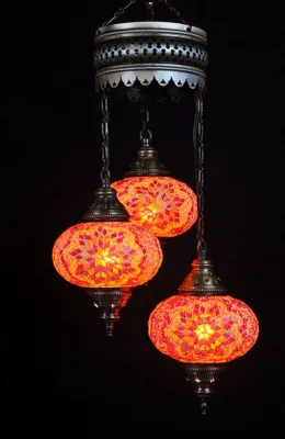 Produktbild von Türkische Hängelampe Orange mit 3 Mosaik-Kugeln – Orientalische Hängelampe für stimmungsvolle Beleuchtung