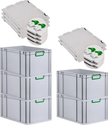 Produktbild von SuperSparSet 5x Eurobox NextGen Color mit Scharnierdeckel und Schiebeschnappverschlüssen | HxBxT 32x40x60cm | 65 Liter | Grau | Griffe grün geschlossen | Verstärkter Boden | Eurobehälter, Transportbox, Transportbehälter, Stapelbehälter