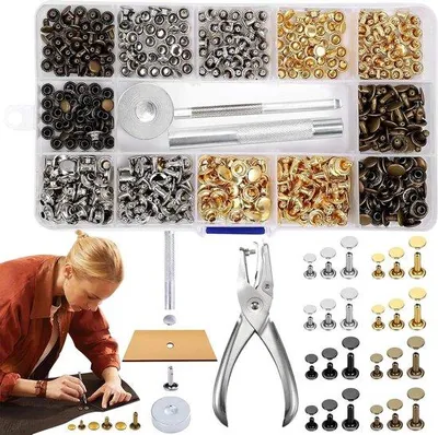 Obrázek produktu pro 360 kusů nýtů na kůži s dvojitou krytkou měděné nýty - 6 mm 8 mm 12 mm - nástroj pro upevnění kůže pro kutily