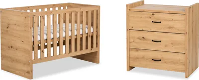Produktbild von Babybett Gitterbett Kinderbett höhenverstellbar mit Matratze Schlupfsprossen Kommode Kleiderschrank Schubladen Klamotenschrank Kinderzimmer AMELIE 120x60 KMbaby