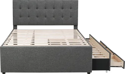 Produktbild von Polsterbett(Grau,140x200cm)Doppelbett,Familienbett,Ehebett mit drei Schubladen,ausziehbares Bett, Verstellbares Kopfteil