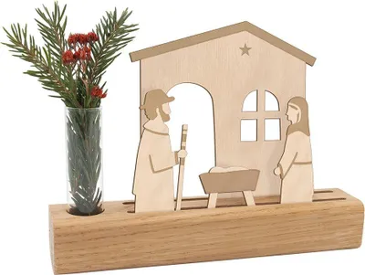 Produktbild von Holz Krippe mit 4 flexiblen Figuren, 3D-Effekt, Reagenzglas, gefärbt, B 12.5 cm H 3.8 cm