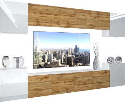 Produktbild von BELINI Wohnwand Vollausstattung Wohnzimmer-Set Moderne Schrankwand mit LED-Beleuchtung Weiß Glänzend Anbauwand TV-Schrank Weiß / Eiche Wotan Glänzend/Matt