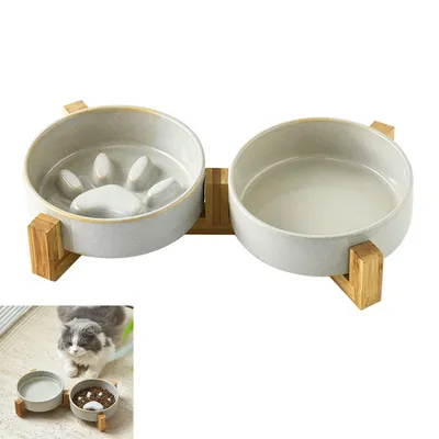 Produktbild von Keramik Haustiernapf 250ml, 2er Set Hundenapf/Katzennapf, Mit Bambus-Gestell, Rutschfest, Breiter Mund, Für Wasser & Futter