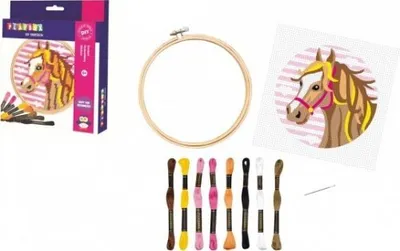 A collection of items for a craft kit, including packaging, embroidery hoop, threads, and a canvas with a horse design.