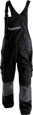A black and gray pair of work overalls is shown against a white background.
