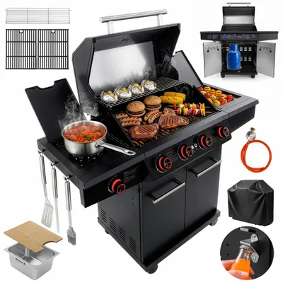 Zdjęcie produktu dla Grill gazowy ogrodowy BERGMANN PREMIUM HU001 17,5kW 5 palników żeliwny ruszt podświetlany panel sterowania termometr w pokrywie + pokrowiec czarny