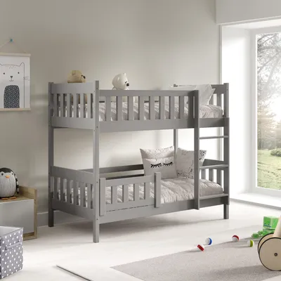 A child's bedroom with a grey bunk bed, toys, and a window.
