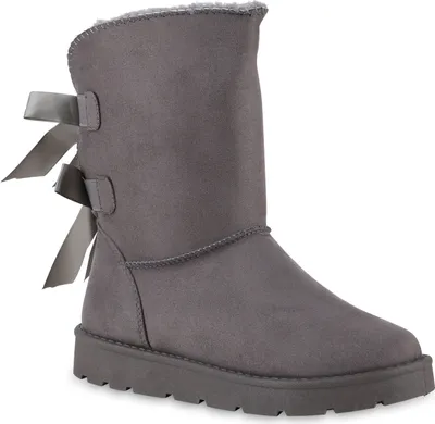 A single gray boot with bows on the back, isolated on a white background.