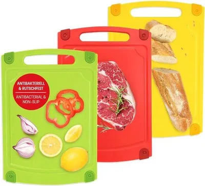 Obrázek produktu pro Antibakteriální krájecí desky s drážkou na šťávu a protiskluzovými rohy, vhodné do myčky, 3 barvy