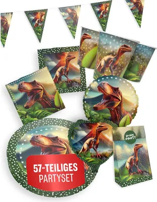 Produktbild von Dino Partyset 6-teilig – Teller, Becher, Servietten, Wimpel, Tüten, Ballons