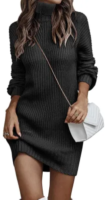 Zdjęcie produktu dla Sukienka damska, dzianina - Elegancki kołnierzyk typu golf - Długie rękawy - Oversize - W pionowe pasy - Idealna do codziennego użytku - Sukienka zimowa