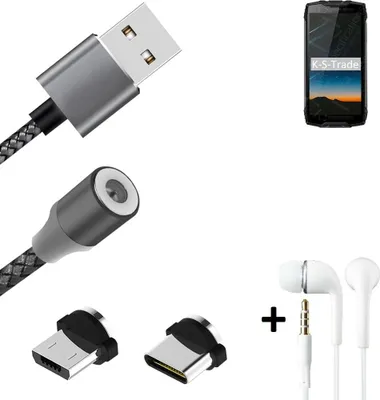 Produktbild von K-S-Trade® Hochwertiges Magnet-Lade-kabel Sync-Kabel Daten-Kabel + Kopfhörer kompatibel mit Blackview BV6800 Pro mit USB-Typ-C-Anschluss und