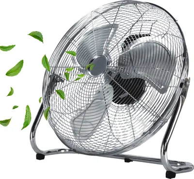 A chrome floor fan is shown on a white background with green leaves blowing around it.