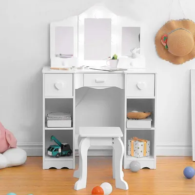 Produktbild von Kinderschminktisch - Frisiertisch Spielset - Dreiteiliger Klappspiegel - Offene Ablagen - Mit Stuhl - Holz - Weiß