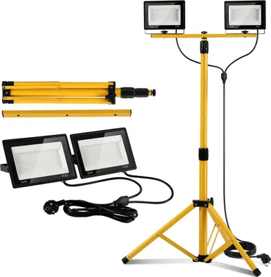 Zdjęcie produktu dla Reflektor budowlany LED Peviasot ze statywem, 2x50 W, stopień ochrony IP66, regulowana wysokość, do użytku na zewnątrz, 6500 K – idealny na plac budowy, do garażu, warsztatu i ogrodu
