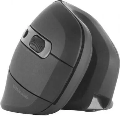 A close-up, studio shot of a black vertical mouse against a white background.