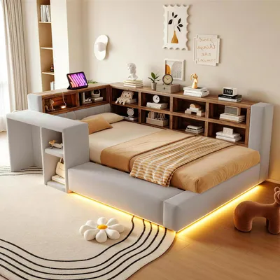 Immagine prodotto di Divano letto Flieks 90x200 cm con scrivania integrata, letto imbottito con rivestimento in ecopelle e presa di corrente, letto a giorno per ragazzi con vano contenitore, divano letto in velluto, grigio chiaro