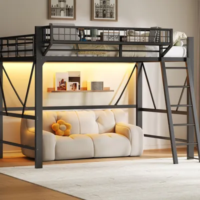 Produktbild von Hochbett 140x200, Aufbewahrungskorb, LED, Metall-Kinderhochbett (Weiß)
