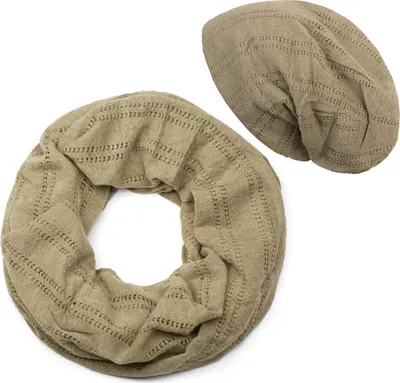 Produktbild von styleBREAKER Uni Feinstrick Loop Schal und Beanie Mütze Set Einfarbig mit Lochstrick Muster, 2-Teilig 01018229