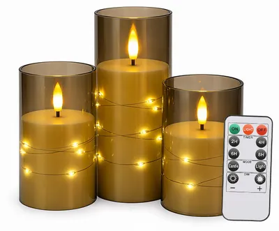 Image de ISOISL, ensemble de 3 bougies LED avec guirlande lumineuse et télécommande, effet scintillement, lumière blanc chaud, avec des gobelets en acrylique gris
