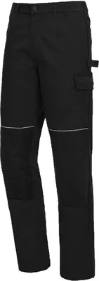 A pair of black work pants is shown against a white background.
