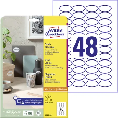 Produktbild von Avery Zweckform 6241-10 Ovale Etiketten, A4, 40 x 20 mm, weiß