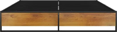 A product shot of a bed frame with a black metal frame and wooden panels.