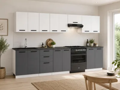 Produktbild von ULWEHOME | Küchenzeile 320 cm Mattweiß Anthrazit, Küchenmöbel-Set Grafit, Spülenschrank, 3-Schubladen-Unterschrank & geteilte Arbeitsplatten 180 cm, KI-generiertes Bild