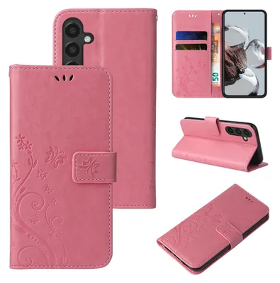 A collage of images showing a pink floral butterfly embossed flip phone case for a Samsung Galaxy A16/A16 5G.
