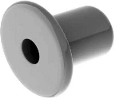 A close-up, studio shot of a gray plumbing component with a hole in the center.