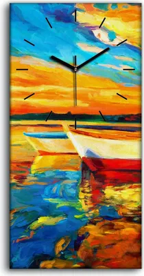 Produktbild von Wanduhr Bürouhr Leinwand Bild Kunstdruck 30x60 Gemälde See Hafen Boot Himmel - schwarze Hände