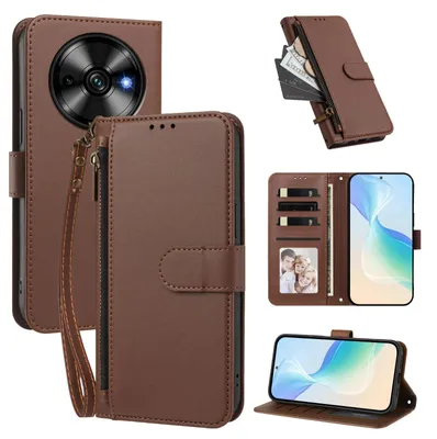 Image de Étui portefeuille pour Oukitel C59 / C59 Pro, en cuir PU, avec compartiments pour cartes, support et dragonne. Couleur : marron