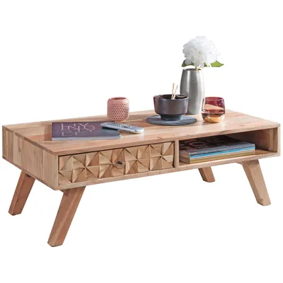 Produktbild von WOHNLING Couchtisch REWA 95x35x50cm Akazie Massivholz Sofatisch Wohnzimmertisch mit Schublade Stubentisch Landhaus Braun Designer Holztisch