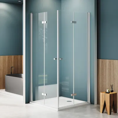 Produktbild von Falttür Duschkabine 90x90x185cm Eckeinstieg Duschabtrennung Doppelt Falttüren Eckdusche Faltbar Duschwand Silber Faltdusche aus ESG-GLAS