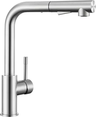 A modern, brushed metal kitchen faucet with a pull-out spray head and a single lever handle, isolated on a white background.