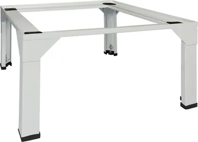 A white metal stand for a washing machine, shown from a slightly elevated angle against a white background.