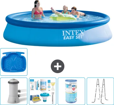 Produktbild von Intex runder aufblasbarer Easy Set-Schwimmpool – 396 x 84 cm – Blau – inklusive Pumpe Wartungspaket - Filter - Leiter - Fußbad