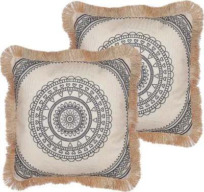Zdjęcie produktu dla BELIANI Zestaw 2 poduszek beżowe z frędzlami boho nadruk 45 x 45 cm dekoracja do mieszkania