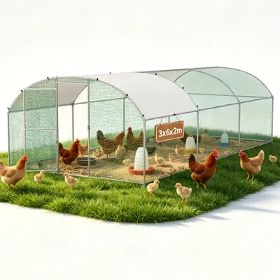 Productafbeelding van UISEBRT, boogvormige kippenstal van verzinkt staal, 3x6 meter, weerbestendig met PE-afdekking, afsluitbare deur geschikt voor kippen, eenden en konijnen