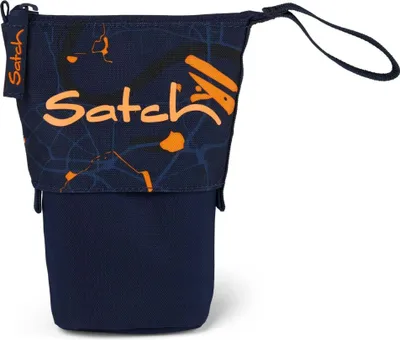 A blue pencil case with an orange and black pattern.