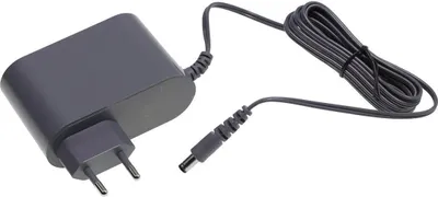 A gray power adapter with a black cord and plug on a white background.