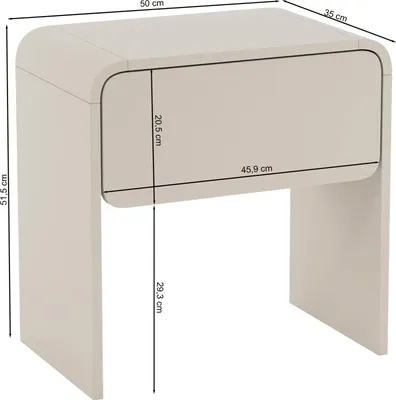 A beige nightstand with dimensions shown.