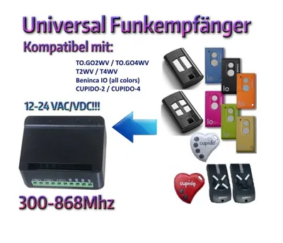 Produktbild von Universal Funkempfänger kompatibel mit Beninca 433,92Mhz handsender: TO.GO2WV, TO.GO4WV, T2WV, T4WV, CUPIDO, Beninca IO. 2-befehl Rolling Fixed code 300Mhz-868Mhz 12 - 24 VAC/DC Funkempfänger