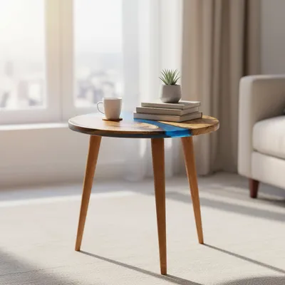 Produktbild von Runder Walnuss-Epoxid-Tisch, Blau Harz,Couchtisch aus Walnussholz, Epoxid-Couchtisch, Wohnzimmermöbel